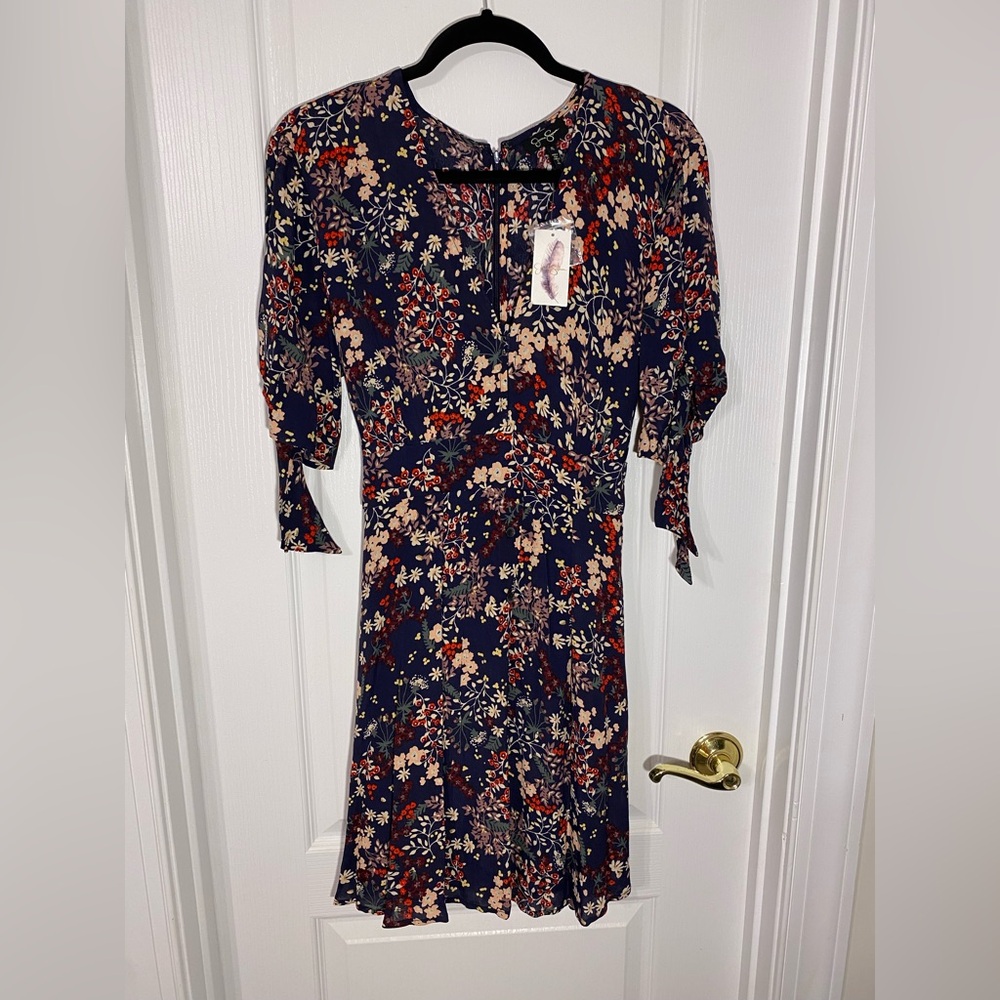 Jessica Simpson Floral Tie Sleeve Button Front V Neck Mini Dress Navy Size XL